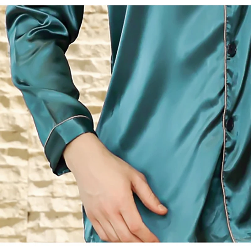 New Men Satin Silk Pyjamas Set Long Sleeve Sleepwear Male Leisure Home Clothing Modern Style Soft Cozy Open Stitch Lake Blue