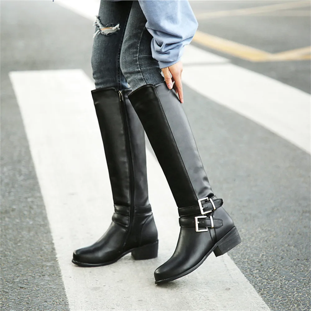 

Dropship High Qualtiy Female Motorcycle Boots 2021 Winter Lady Office Fashion Knee-High Boots With Buckle Walking Comfy