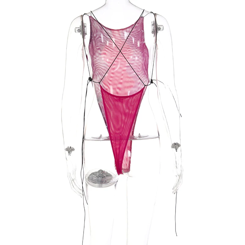 

Chicology 2021 Summer Women Short Bodsuits Deep V Neck See Through Mesh Sleeveless Patchwork Bodycon Y2K Clothing