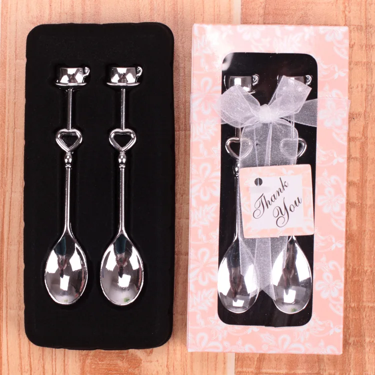 100pcs=50 set Love Heart Spoons Coffee Spoon Wedding Favor Guest Gift 2 in 1 box, DHL Free Shipping