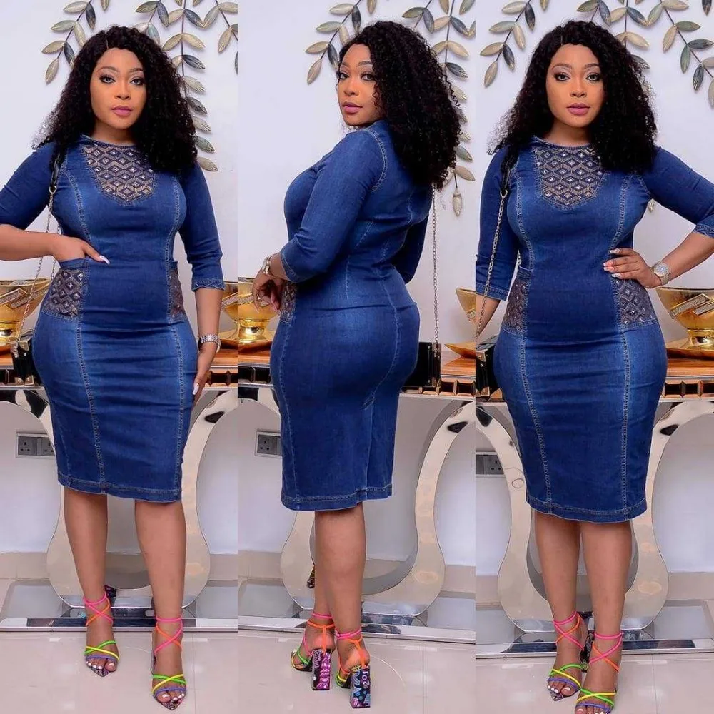 

2021 Summer New 2XL 5XL Denim Dress Women's Large African Dress Round Neck Embroidered Plaid Leisure Business Wear Vestidos Blue