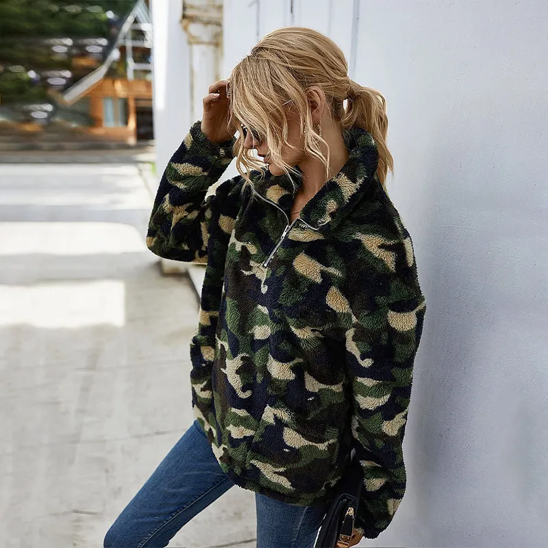 Пушистая камуфляжная Женская толстовка на молнии Женский пуловер с отложным