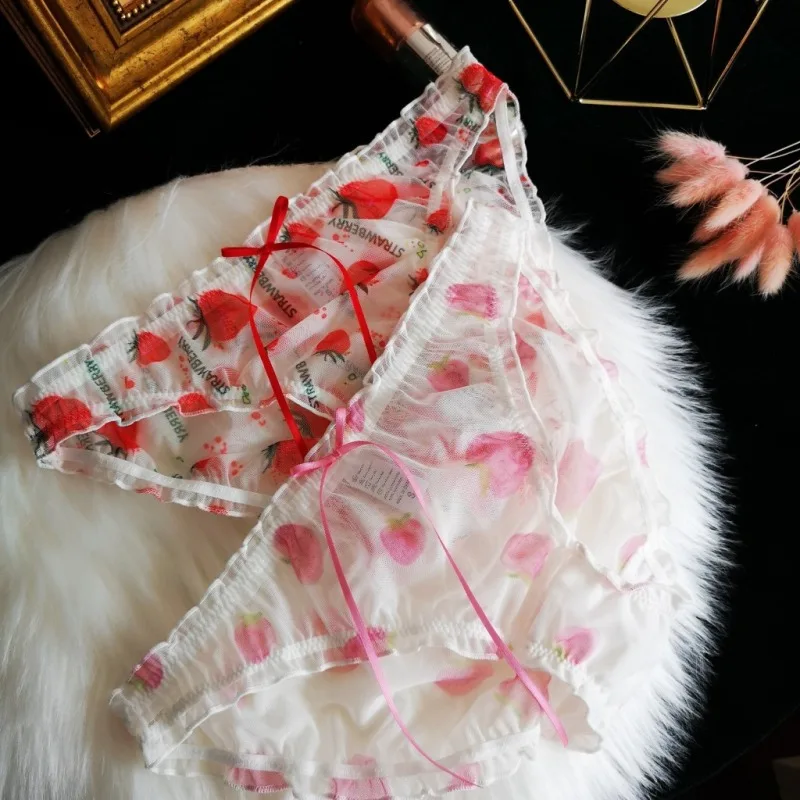 

Cute Girl Briefs New Soft Sister Lace Underwear Female Print Small Strawberry Bowknot Breathable Underwear For Young Women