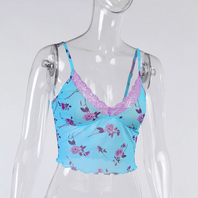 

KSISENDZ Sexy Women Camis Transparent Net Yarn Lace Floral Print Sleeveless Sling Crop Tops 2021 Summer Fashion Streetwear Tank