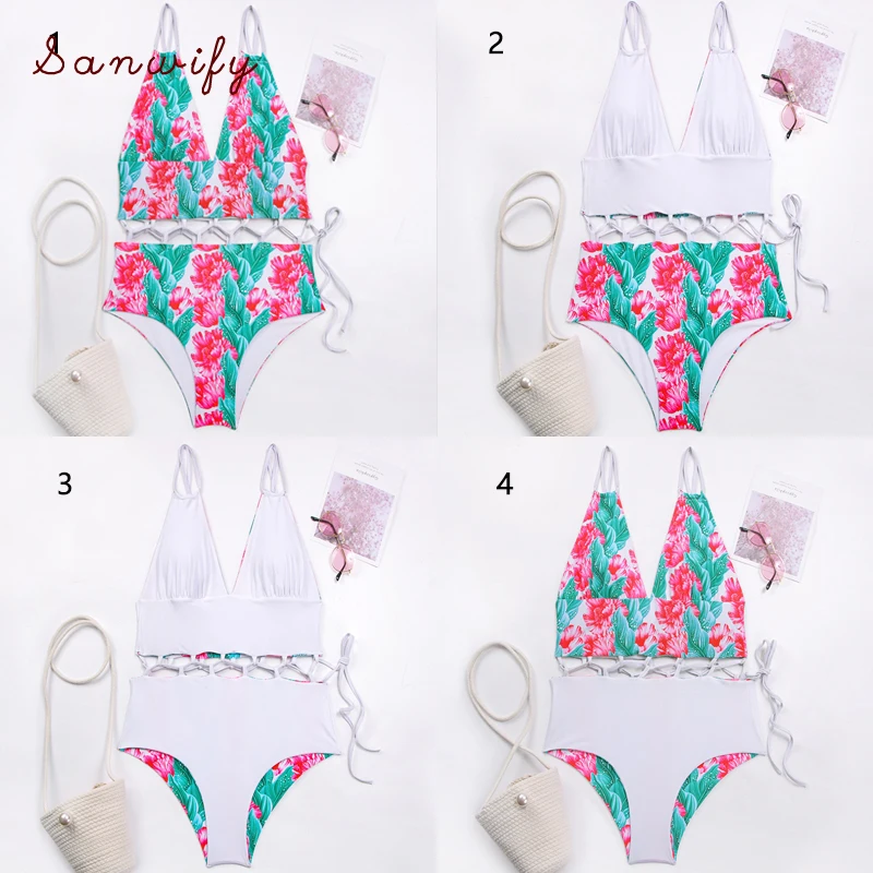 

Deep Neck Piece Swimsuit Women's Beach Hollow Out 2020 Print Swimwear Women Bathing Suit One-piece-suits