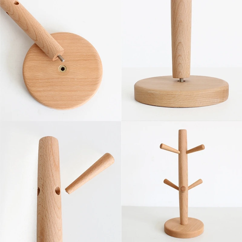 Tree Shape Wood Coffee Tea Cup Storage Holder Stand Home Kitchen Mug Hanging Display Rack Drinkware Shelf with 6 Hooks-Square Ba |