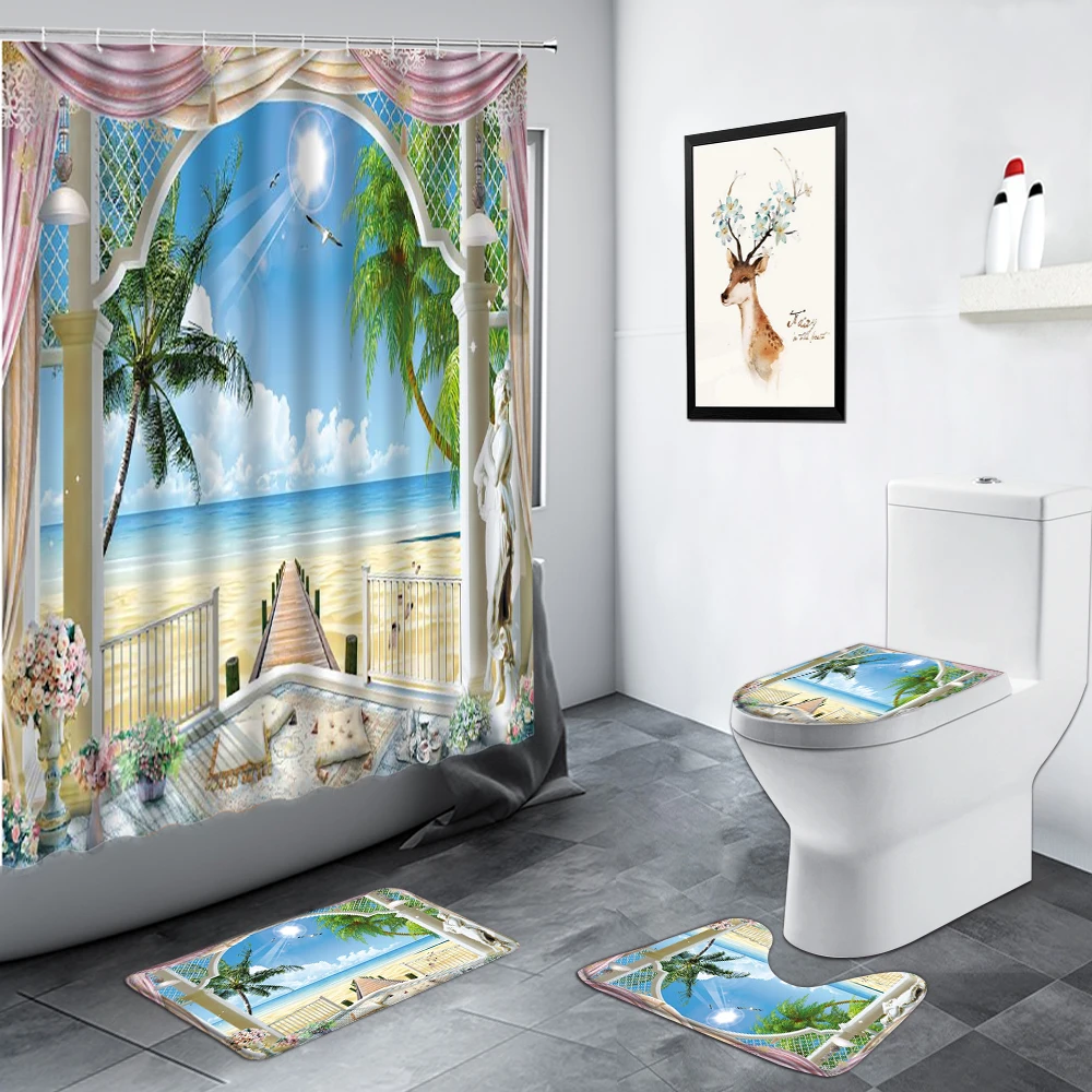 

Beach Palm Trees Ocean Scenery Shower Curtains Set Bathroom Carpet Vintage Arch Door Flowers Non-slip Rugs Bath Mat Toilet Cover