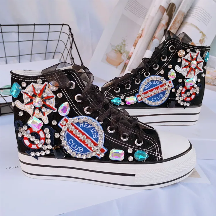 Girls high-top canvas shoes lace-up sneakers women's shoes casual shoes brand design pirate logo rhinestone hip hop Harajuku
