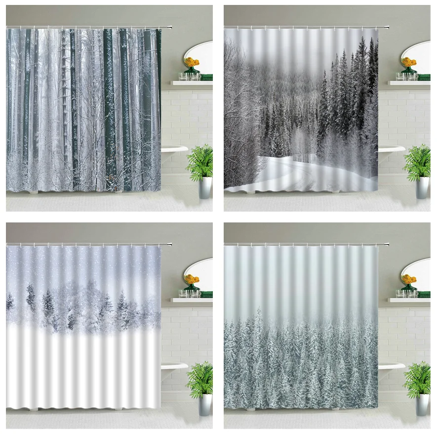 

Ландшафтная занавеска для душа, зимняя Снежинка, дерево, ледяное озеро, поверхность, снежные сцены, декор для ванной комнаты, водонепроницае...