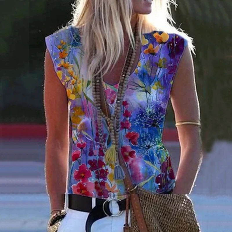 

Women Vintage Colorful Print V-neck Blouse Shirt 2021 Spring Summer Sleeveless Vest Tops Pullover Sexy Slim Fit Streetwear Blusa