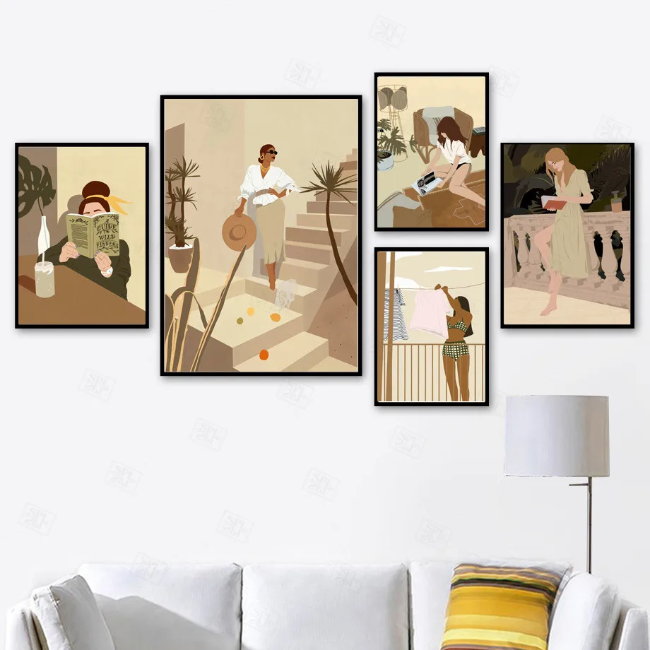 

Abstract Fashion Girl Minimalist Wall Art Canvas Painting Nordic Vintage Posters and Prints Wall Pictures for Living Room Decor
