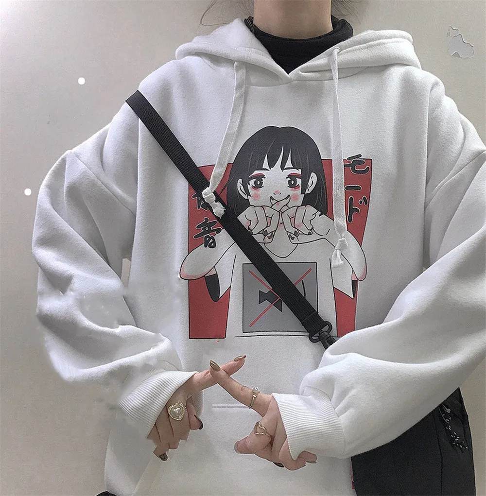 White hoodies Harajuku Kawaii аниме девушка с капюшоном Толстовка японский Винтаж милый черный флис толстовка с рисунком женский объемный пуловер - Цвет: White hoodies