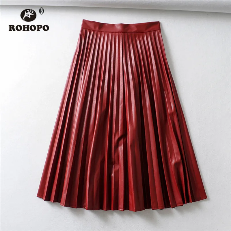 ROHOPO высокая талия пуговицы спереди плиссированная Красная кожаная юбка миди