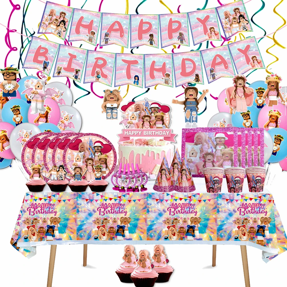

Pink Robot Mining Pixel Game Kids Birthday Party Supplies Plates Cups Napkin Straw Balloons Party Decoration Boys Baby Shower