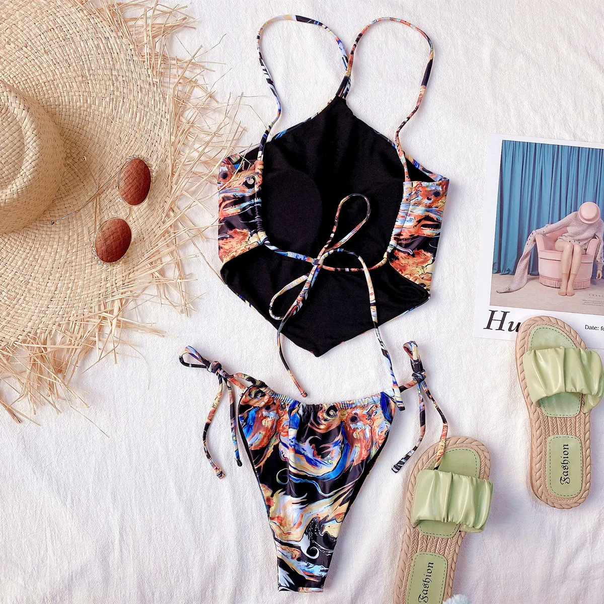 

Colorful Print Halter Top Bikini Sexy Summer Side Lace-up Micro Thong Baithing Suit Bikini Brazil Women Black Harajuku Swimwear