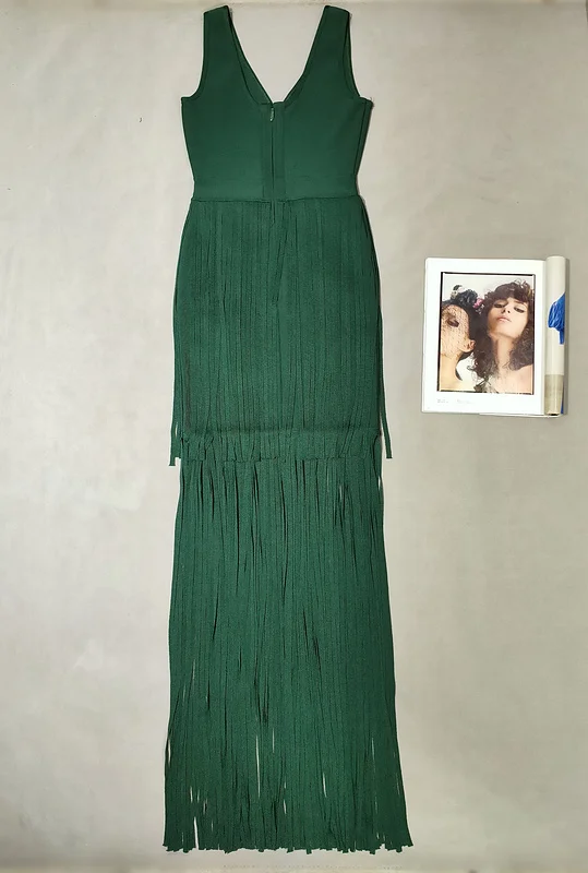 

High Quality Green V-neck Tassel Long Rayon Bandage Dress Elegant Evening Party Dress Vestidos