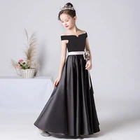 black satin off the shoulder long girls dress sashes flower formal evening party dresses junior girl princess gown