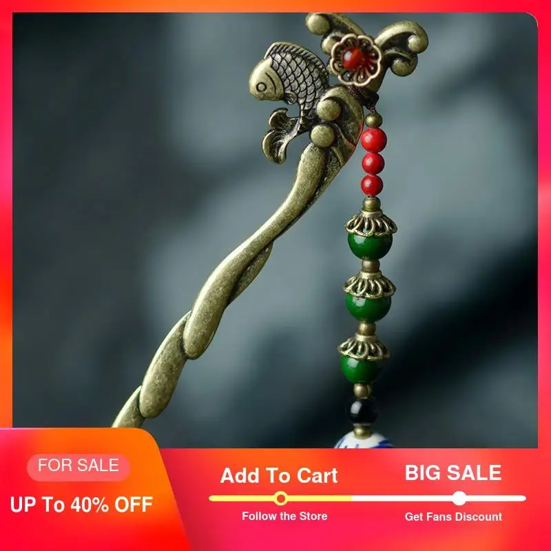 

ethnic hairpin for women bronze fish flower stick charm natural stone red carnelian blue white porcelain drop vintage jewelry