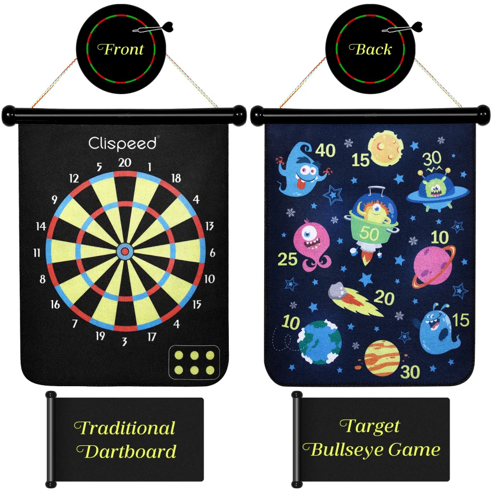 

Clispeed Magnetic Dart Board Set Roll Double Sided Dart Board with 6 Throwing Darts and 6 Sticky Balls Kid-safe Easy to Rever