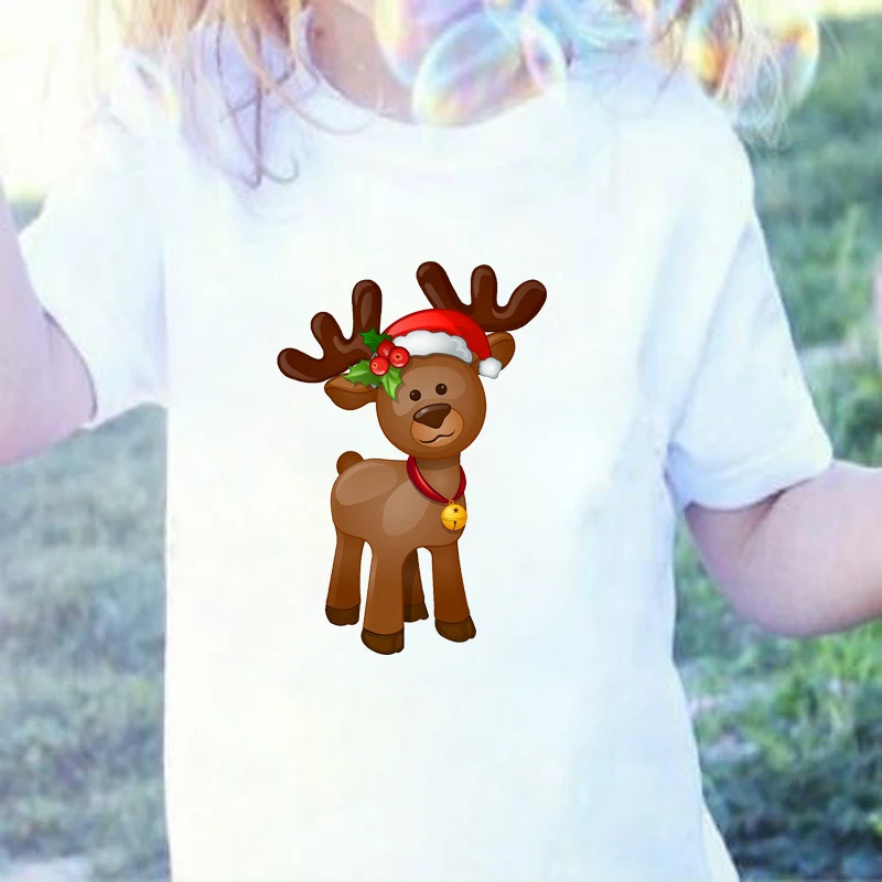 

DERMSPE Hot Selling Kids Christmas Fashion Red Nosed Dog Wearing Antlers Printed T-shirt Cute Short Sleeve T-shirt
