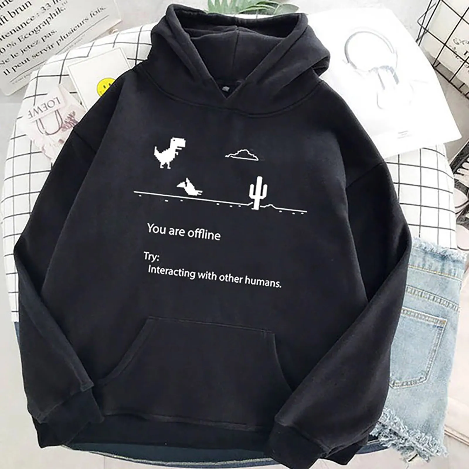 3color Oversized Korean Women Hooded Dinosaur Printed Sweatshirt Long Sleeve Casual Pullover Shirt Couple Wearтолстовка