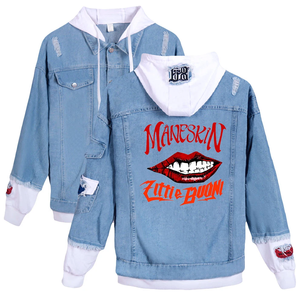 

Maneskin print autumn and winter Holiday Preppy Style Men/Women Street clothes Denim HIP HOP Streetwear Hooded fleece