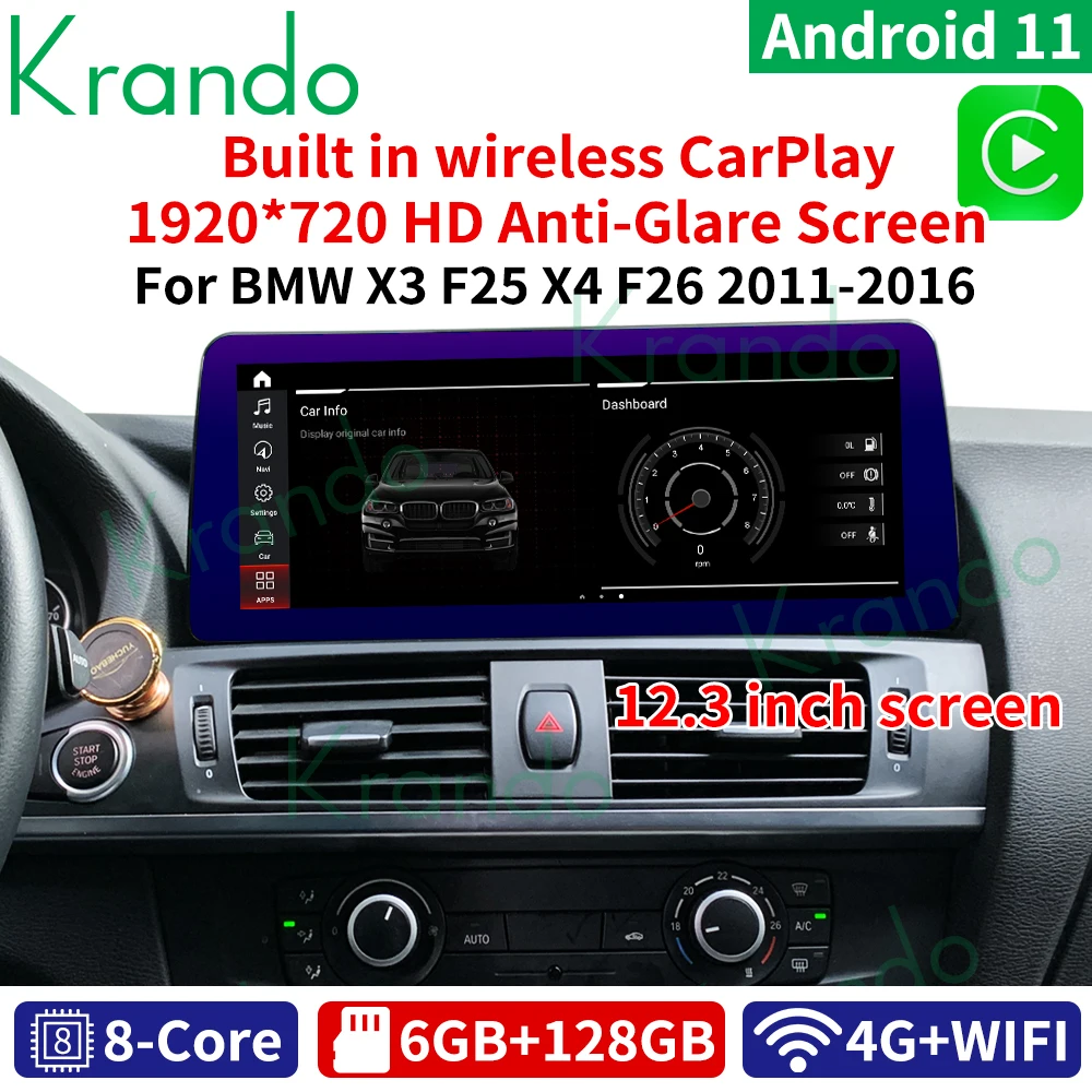 

Krando Android 11.0 12.3 Inch 6G 128G Car Radio Multimedia GPS For BMW X3 F25 X4 F26 2011-2016 NBT CIC Audio Wireless Carplay