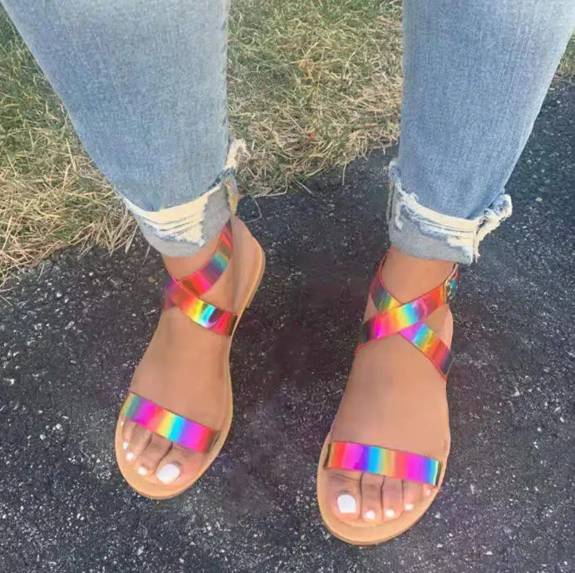 

Flat Sandal Shoe Summer Heels Cross 2021 Women's Open Toe Large Size Without Multicolored Low Girls Comfort New Peep Big
