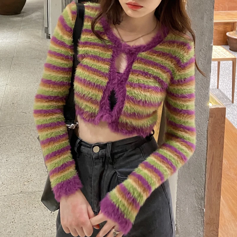 

Mohair Fur Cardigan Women Autumn Winter Mink-Proof Striped Cardigan Jacket Female Short Sweaters Coat Sexy Knitwear Cropped Tops