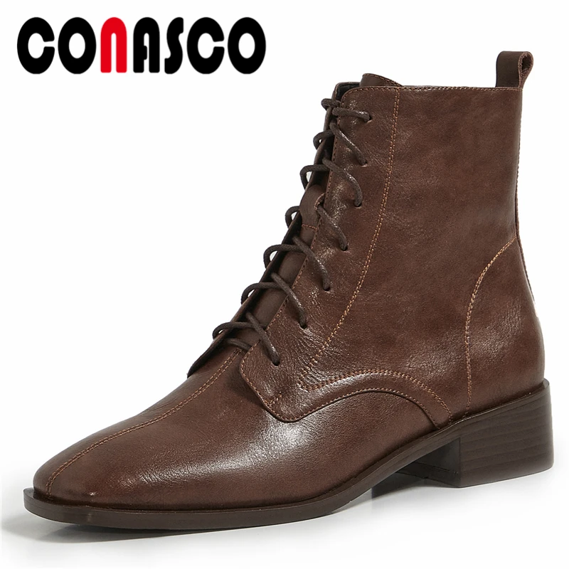 

CONASCO Square Toe Low Heels Women Ankle Boots Autumn Cross-Tied Genuine Leather Concise Retro Zipper Working Casual Shoes Woman