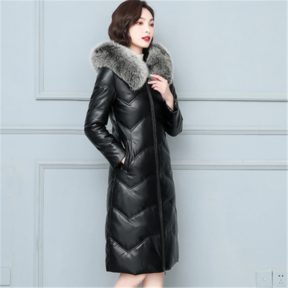 Женская куртка из овечьей кожи Длинная зимняя парка на белом утином пуху с