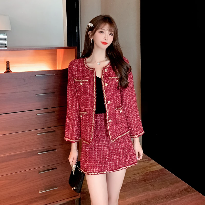 

Women Autumn Winter Tweed Wine Red Plaid Two Piece Skirt Suits Buttons Pockets Jacket Coat+High Waist Mini A-line Skirt Sets