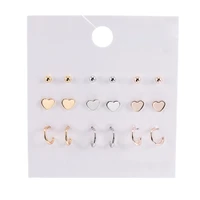 hot selling fashion simple 1 card 9 pairs of tricolor heart alloy electroplated earrings earrings female set