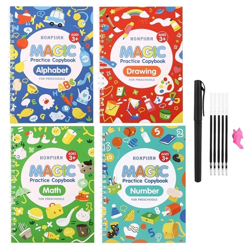 

4 Books/Sets of Children's School Copybook 3D Calligraphy Reusable Handwriting Practice Learn Writing English Magic Stationery