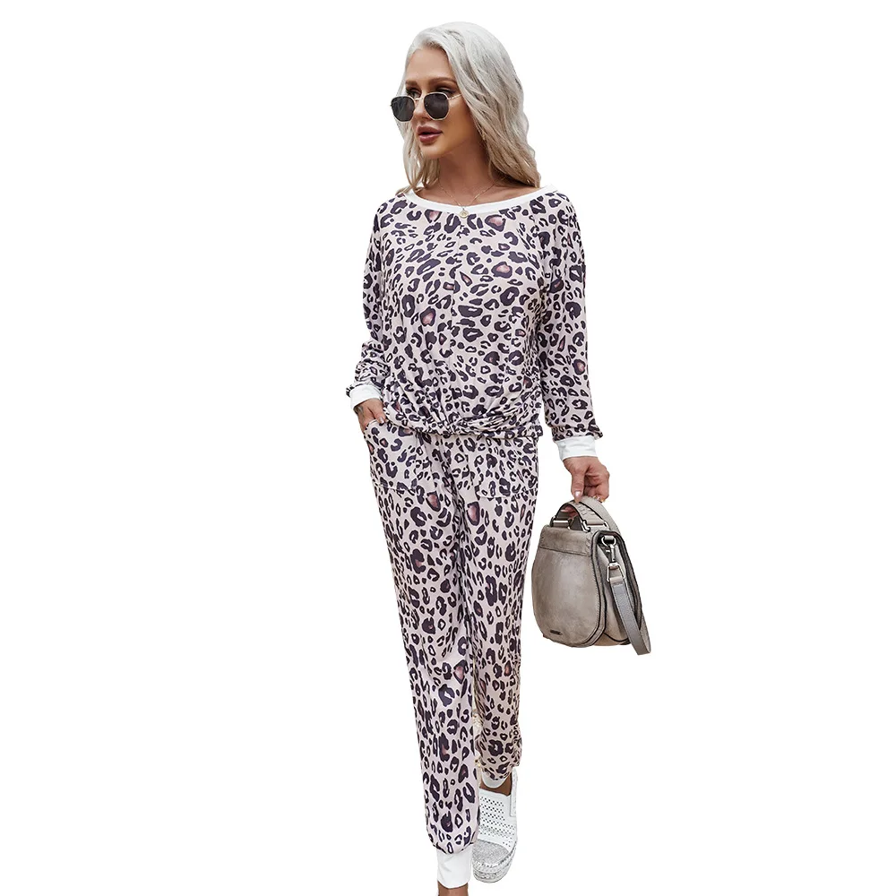 

Homewear two piece outfits Temperament suit 2021 spring and summer new home wear casual life female Leopard 2 piece set women