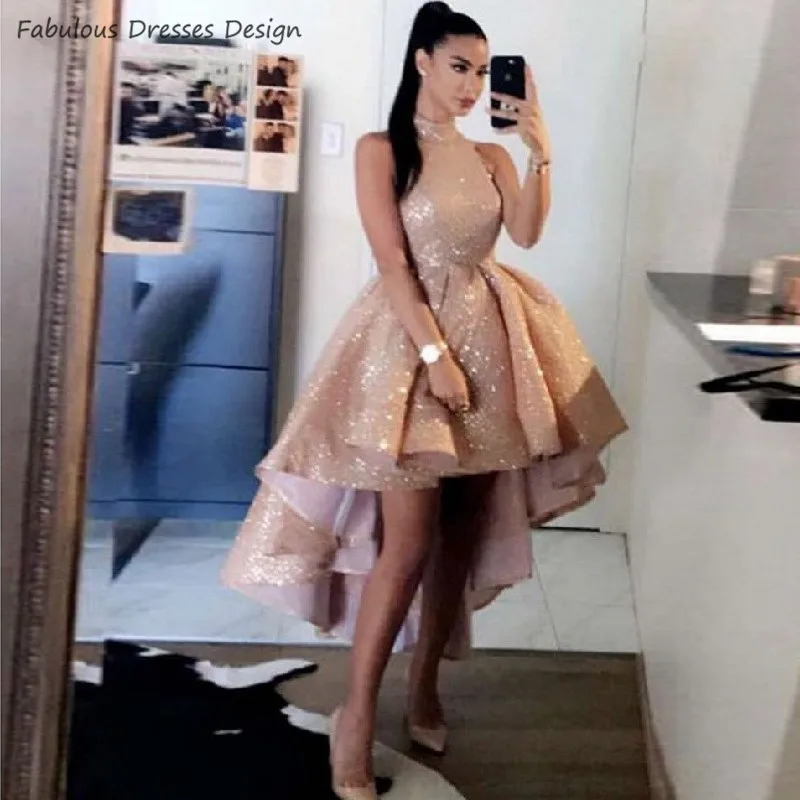 

Bling Sequined Rose Gold High Low Prom Dresses 2021 Fashion A Line High Collar Formal Party Evening Dress Gowns Vestido De Festa