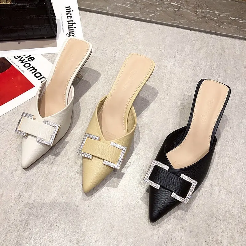 

Glitter Slides Slippers Soft Cover Toe High-Heeled Shoes Lady Med Slipers Women Fashion Jelly Comfort Pointed Summer 2021 Luxury