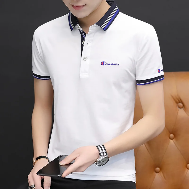 Однотонная мужская рубашка поло из хлопка с коротким рукавом дышащая