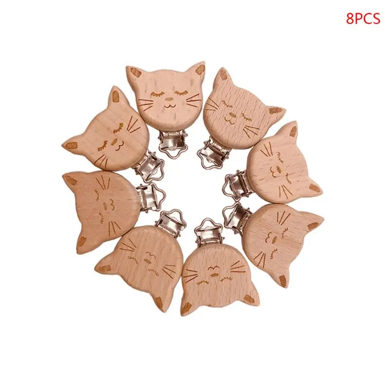 

8Pcs Wood Pacifier Clips Baby Teether Safety Clasp Holder Nipple Chain Accessory 24BE