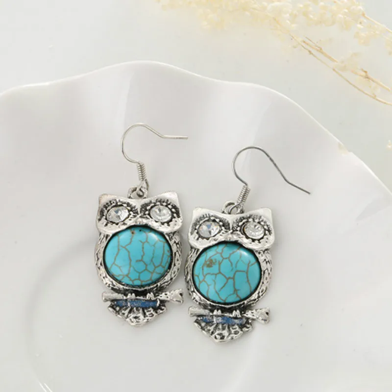 Ретро Бирюзовая Сова Ювелирные наборы кулон серьги ожерелье модная цепочка