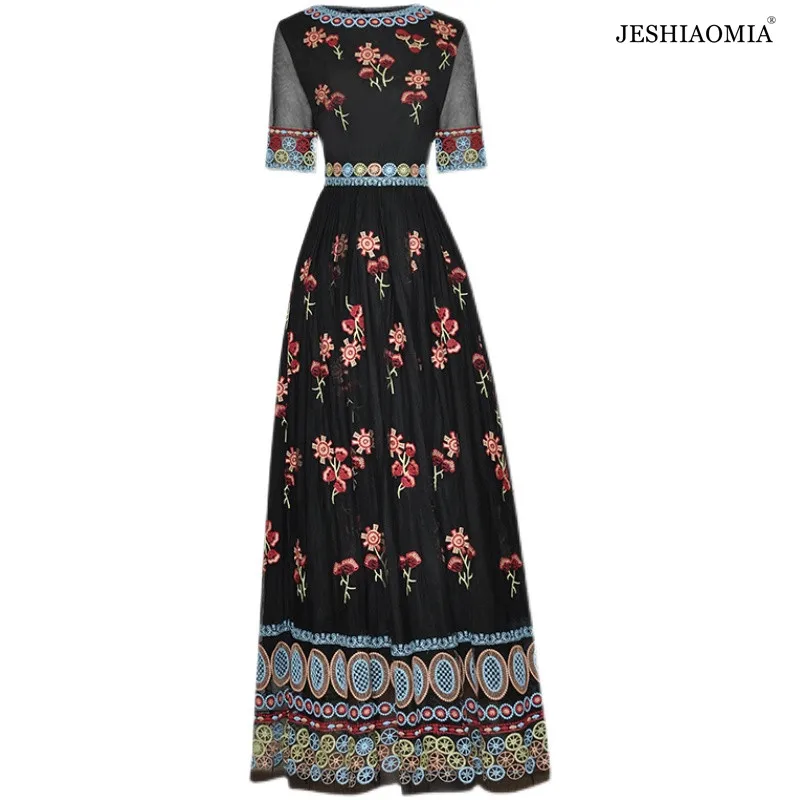 

JESHIAOMIA- 2021 Autumn Round Neck Flower Heavy Embroidered Dress
