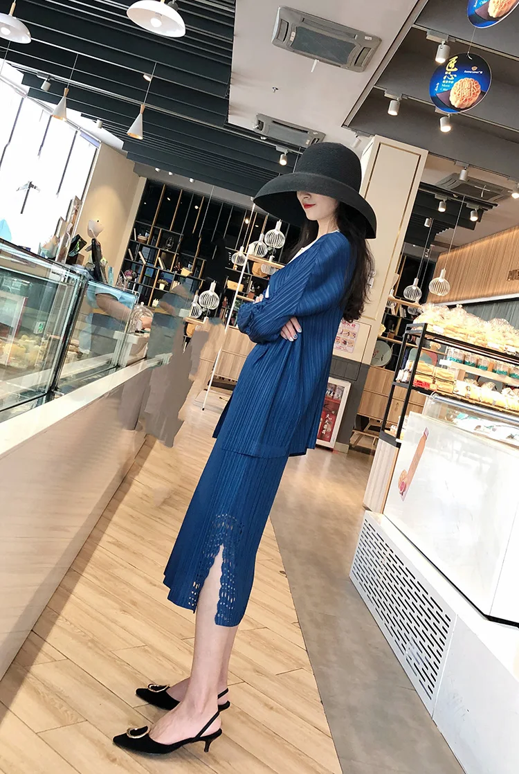 Issey плиссированные костюмы, одноцветные открытые пальто и юбка длиной до щиколотки, два предмета, Женский комплект, Новинка осени, японский стиль