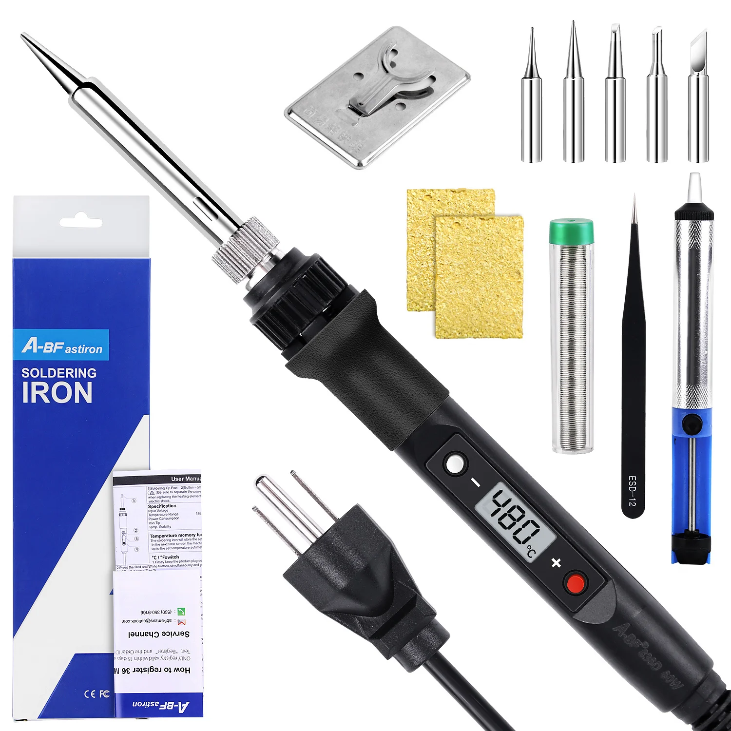 

A-BF Electronics Soldering Iron Kit 60W 220V Soldering Gun LCD Digital Adjustable Temperature Solder Iron Solder Tips Repair DIY