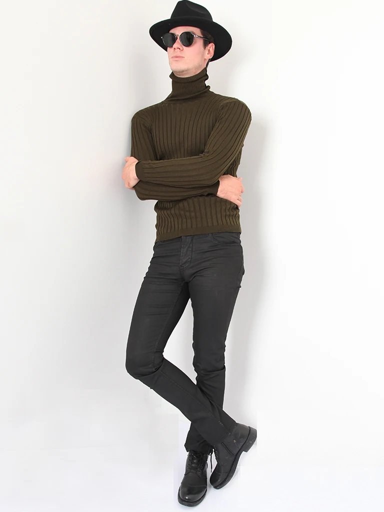 

Turtleneck Ribbed Khaki Mens Knitwear Sweater