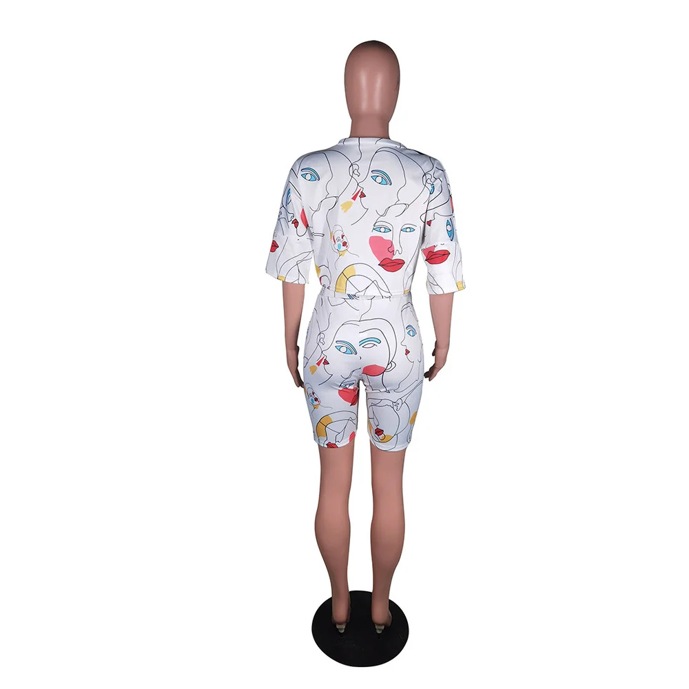 

Character Print Harajuku Two Piece Matching Set Women's Costumes Half Sleeve Loose Crop Top and High Waist Knee Length Pant New