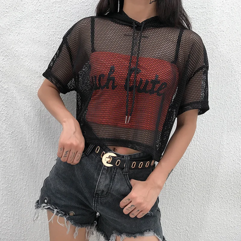 Womens Summer Sexy See Through Mesh Long Sleeve T-Shirt Crochet Hollow Out Fishnet Bikini Cover Up Pullover Loose Crew Neckline | Женская