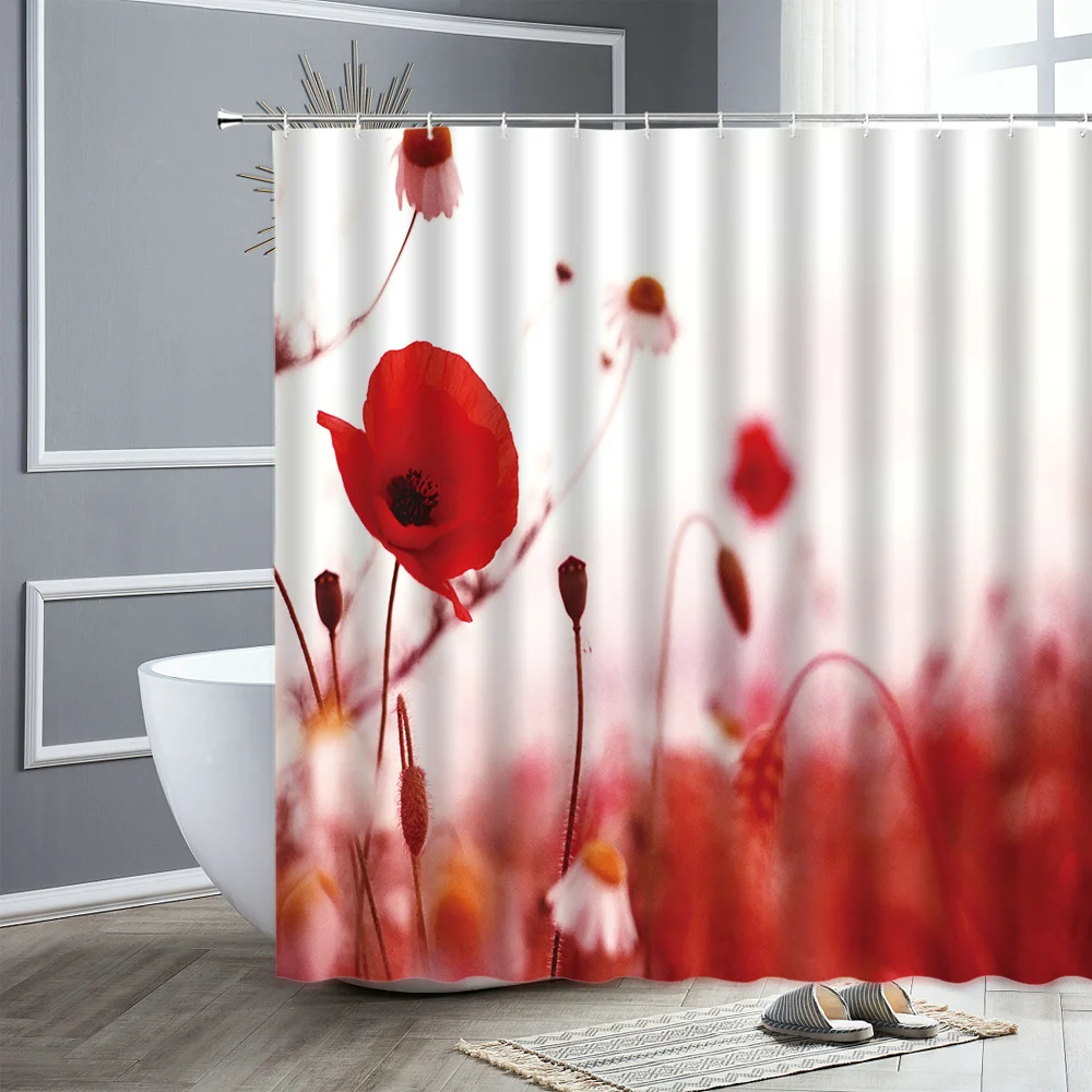 

Pastoral Scenery Shower Curtain Daisy Sunflower Tulip Butterfly Natural Scene Bathroom Home Decor Waterproof Cloth Bath Curtains