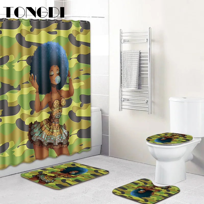 TONGDI 4 PCS Shower Curtain Bathroom Carpet Toilet Suit Set Eco-friend Fashion Afro GIrl Print Mat Rug Decor For Washroom Home enlarge