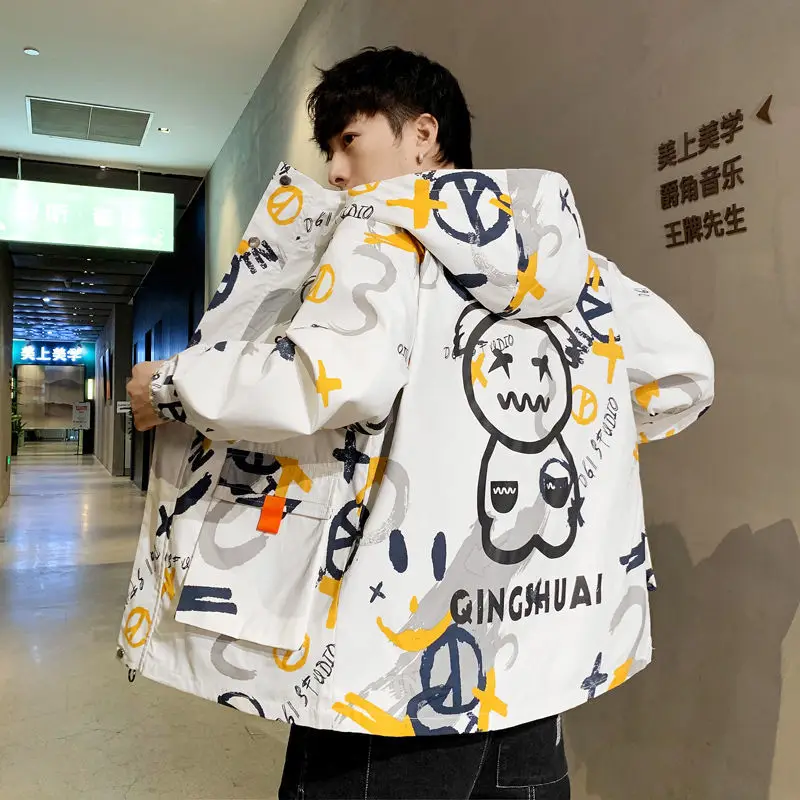 

Jacket men's tooling jacket student youth function ins casual wild spring and autumn printing trend handsome loose zip up hoodie