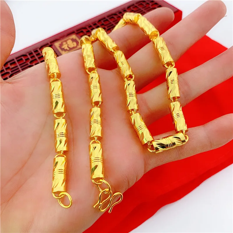 

Carved Cylindrical Chain Solid Copper 18K Gold Necklace Mens Bamboo Joint Hip Hop Necklace Cool Jewelry Gift